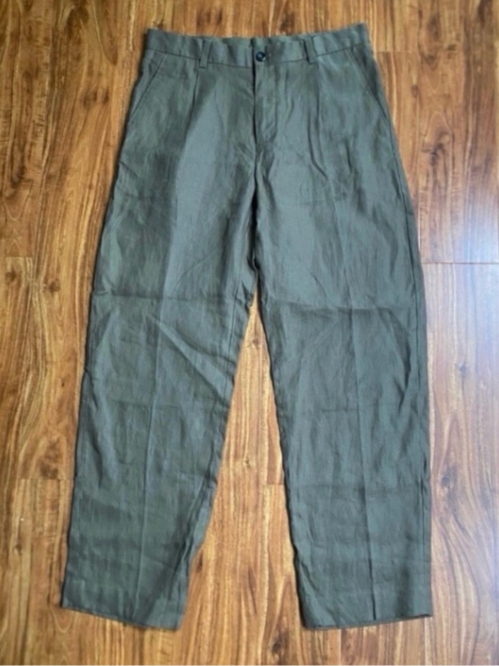 NWT Mango Womens Olive 100% Linen High Waist Straight Pant Size 32 Minimalist